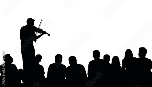 Silhouetted violinist performing for an audience against a white background