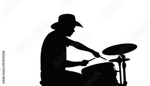 Drummer playing music in silhouette against a white background