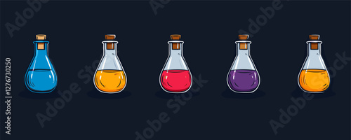Five glass bottles with colorful liquids on dark background - blue, orange, red, purple, brown. Vector