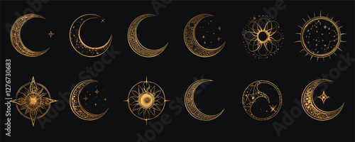Elegant gold crescent and sun mandala designs on black background. Vector