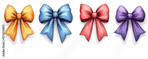 Colorful ribbon bows: yellow, blue, red, and purple bows on white background. Vector