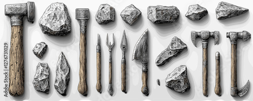 Collection of handcrafted stone and wood tools with textured rock samples. Vector