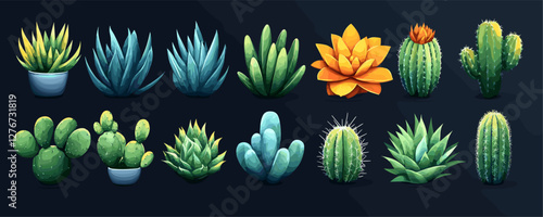 Diverse collection of colorful cacti and succulents on dark background. Vector