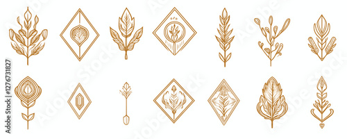 Elegant gold botanical emblems with geometric patterns and floral motifs. Vector