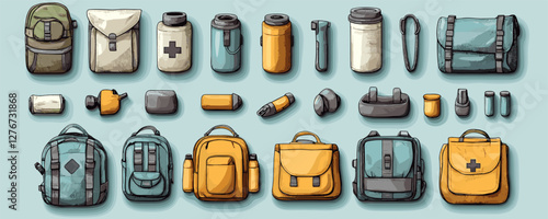 Various camping backpacks and outdoor gear on a blue background. Vector