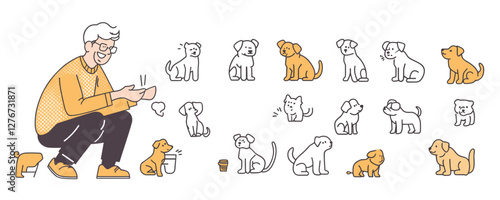 Elderly man interacting with 16 cute cartoon dogs in various poses and expressions. Vector