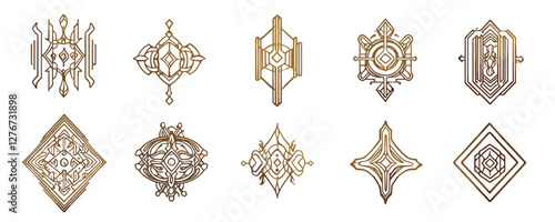 Geometric art deco patterns set with symmetrical golden designs in vector style. Vector