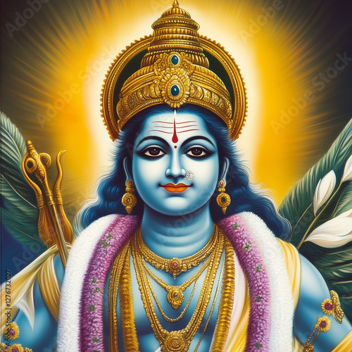 A divine close-up portrait of Lord Vishnu face with calm, deep eyes, a golden crown, and a gentle smile. His blue skin radiates a soft celestial glow