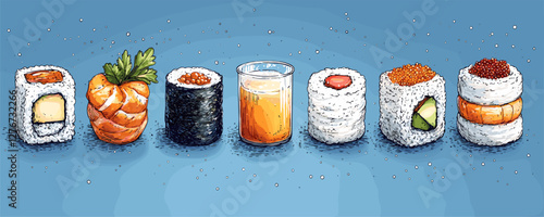 Assorted sushi rolls with juice glass on blue background. Vector