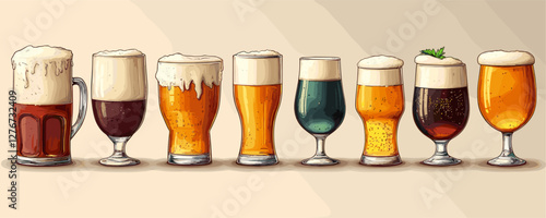 Assorted selection of eight different beer styles in various glasses with foamy heads. Vector
