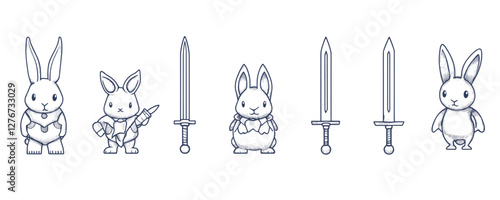 Cute cartoon rabbits and swords in various poses on white background. Vector