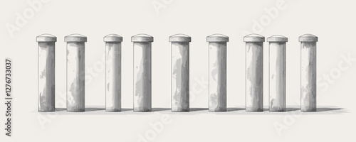 Row of nine gray concrete pillars casting shadows on a white background. Vector