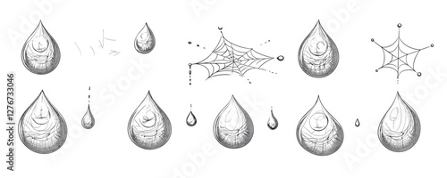 Intricate spider webs and water droplets design with reflective patterns on white background. Vector