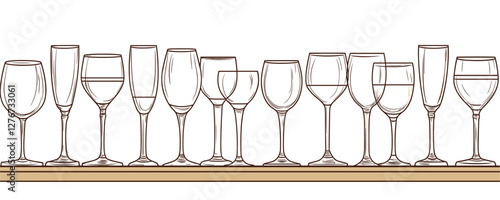 Various wine glasses illustrated in a row on wooden shelf. Vector