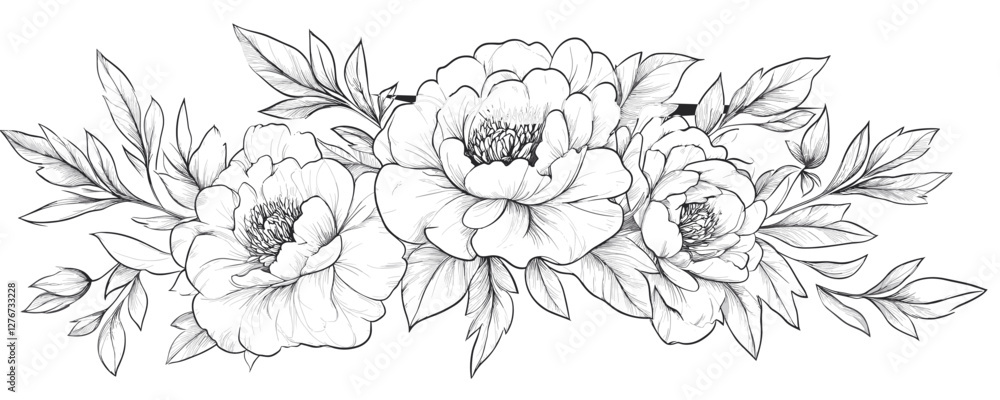 Intricate black and white peony flower arrangement with leaves in detailed line art style. Vector Intricate black and white peony flower arrangement with leaves in detailed line art style. Vector