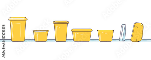 Set of six yellow containers and measuring cup arranged in a line on white surface. Vector