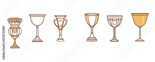 Set of six decorative goblets in gold and white line art style. Vector