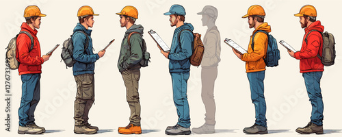 Group of male construction workers in conversation with clipboards and hard hats. Vector