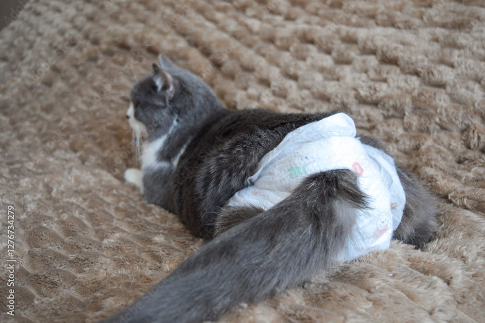 Obraz premium grey white domestic cat wearing baby diaper lying soft textured brown blanket pet care veterinary medicine accessories products hygiene solutions pet-friendly homes incontinence solutions post-surgery