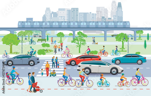 Stadtübersicht mit Radfahrern und Verkehr Illustration.eps