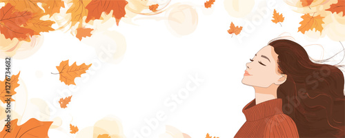 Young woman enjoying autumn breeze amidst falling leaves in tranquil scene. Vector