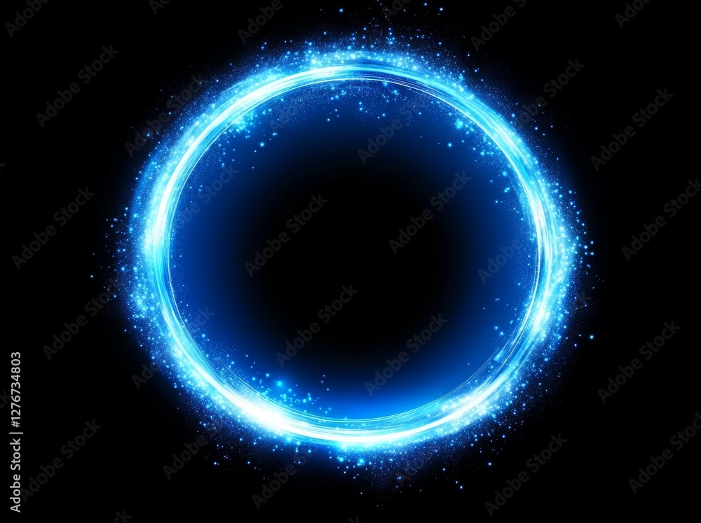 Fototapeta premium In the midst of darkness, a glowing blue circle with light streaks radiates outward. The reflective nature of the portal creates a mirrored appearance, evoking a sense of depth and vigor