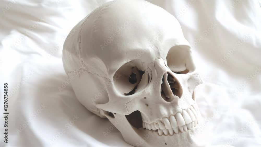 Timelapse of skull rotation on white fabric: exploration of light and shadow