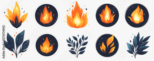 Vibrant illustrations of fire and leaves on dark background - nature elements and contrast. Vector