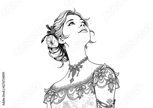 portrait of clean young man looking upwards ,concept of an uplifting spiritual image ,happiness and joy  ,line drawing or engraving .