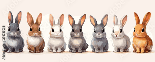 Adorable row of six colorful rabbits sitting together on light background. Vector