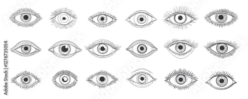 Set of black and white hand-drawn eyes with various expressions and lash styles. Vector