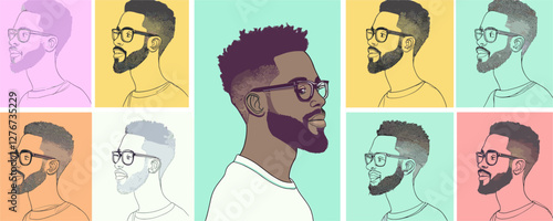 Colorful pop art portraits of a young man with glasses in various pastel shades. Vector