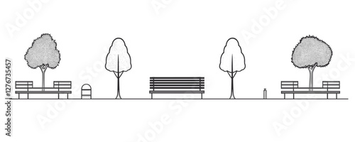 Minimalist park scene with benches, trees, and trash cans in simple line art design. Vector
