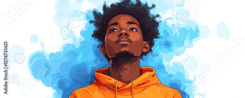 Young man in orange hoodie with afro hairstyle against artistic blue background, looking upward. Vector