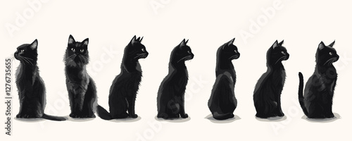 Six black cats sitting in a line facing sideways with cream background. Vector
