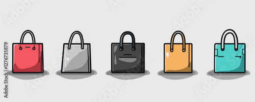 Colorful tote bags in a row: red, grey, black, orange, teal on a light background. Vector