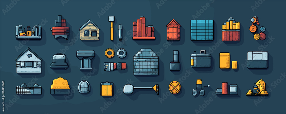 Collection of flat building icons with shadow effects on blue background. Vector Collection of flat building icons with shadow effects on blue background. Vector