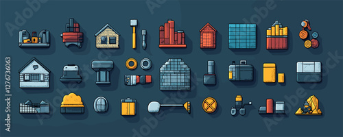 Collection of flat building icons with shadow effects on blue background. Vector