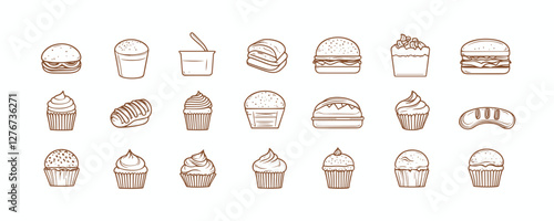 Variety of desserts and fast food icons featuring burgers, cupcakes, hot dogs, and fried chicken. Vector