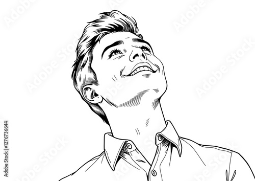 portrait of clean young man looking upwards ,concept of an uplifting spiritual image ,happiness and joy  ,line drawing or engraving .