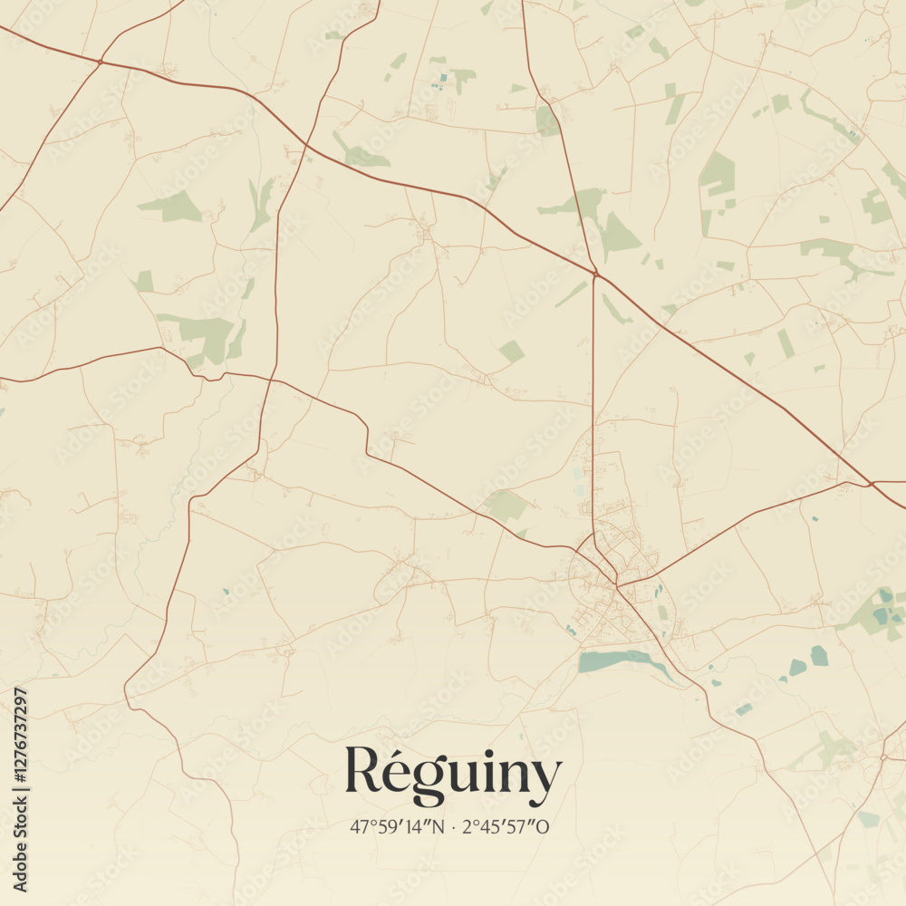 Fototapeta premium Vintage map of Réguiny, France.