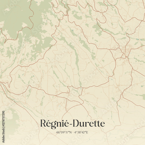 Vintage map of Régnié-Durette, France.
