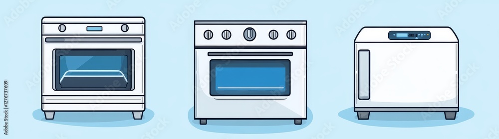Three icons depicting a stove, an oven, and a range, designed for kitchen appliances. Their simple and clean style is perfect for websites or apps Three icons depicting a stove, an oven, and a range, designed for kitchen appliances. Their simple and clean style is perfect for websites or apps