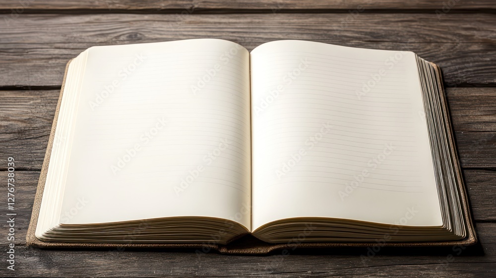 Open blank notebook on wooden table, inviting creativity Open blank notebook on wooden table, inviting creativity