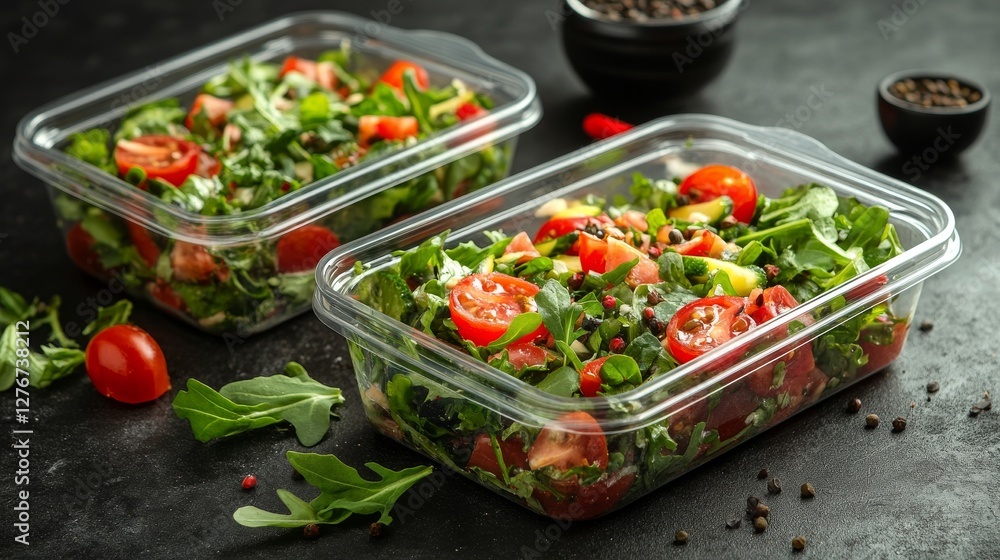 Four plastic tubs brimming with fresh vegetable salads Four plastic tubs brimming with fresh vegetable salads