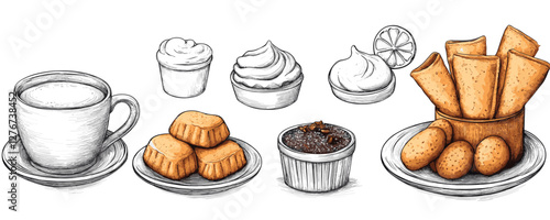 Hand-drawn sketch of assorted pastries, coffee, and cream toppings in black and white. Vector