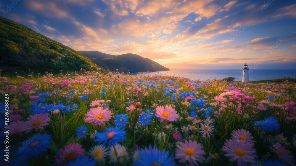 Fototapeta premium Beautiful colorful wild flowers with lighthouse at sea beach in Spring.