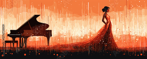 Elegant woman in red dress standing beside grand piano in a splendid abstract setting. Vector