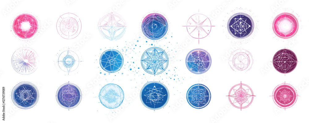 Geometric mandala circles in gradient colors with intricate patterns and cosmic designs. Vector