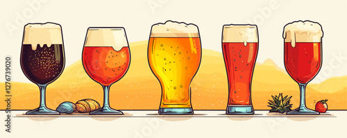 Variety of beers in glasses with foam and ingredients displayed against artistic background. Vector